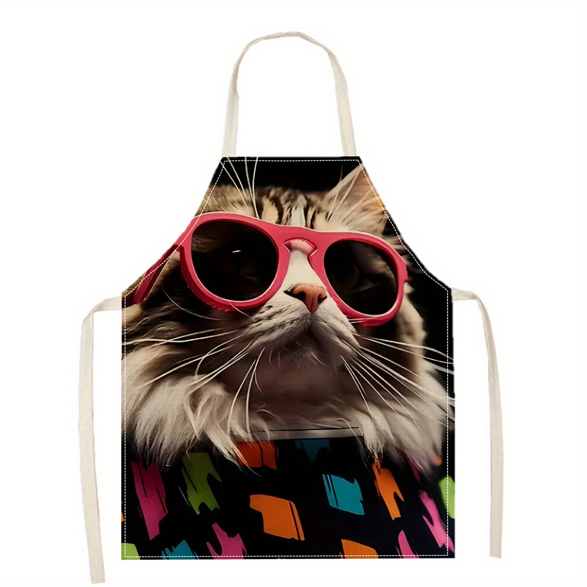 Home Cooking For Cats - مريلة كتان بطبعة قطة مضحكة بنظارات